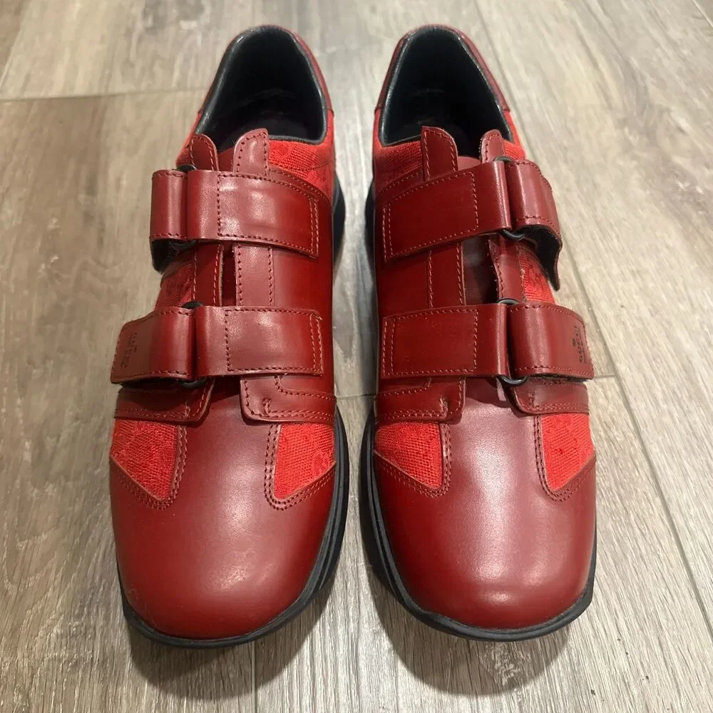 Vintage Gucci Red GG Monogram Canvas Velcro Strap Sneakers 9.5B 101 6129
